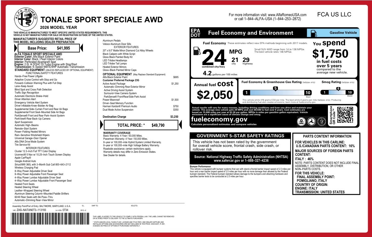 New 2026 Alfa Romeo Tonale Sport Speciale for sale $49,790 at Maserati of Greenwich in Greenwich CT 06830 1