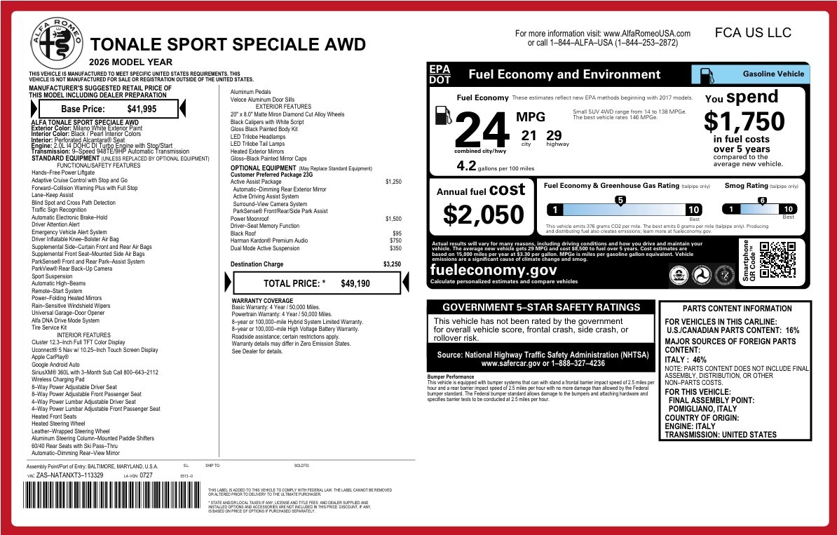 New 2026 Alfa Romeo Tonale Sport Speciale for sale $49,190 at Maserati of Greenwich in Greenwich CT 06830 1